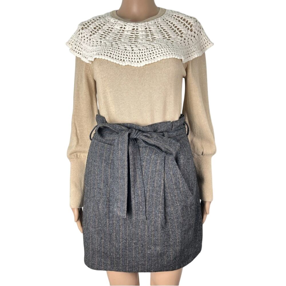Ulla Johnson Wool Silk Blend Ruched Herringbone Paperbag Tie Waist Skirt